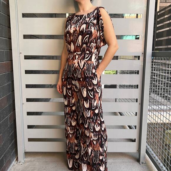 Bebe Multicolor Feather Printed Wide Leg Jumpsuit Size S - Picture 1 of 10